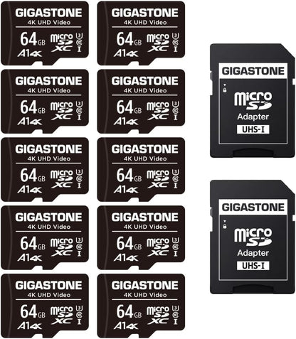 64GB Micro SD Card 10-Pack, A1 V30 4K Video Recording, Surveillance Security Cam Action Camera Drone Professional, 90Mb/S Micro SDXC UHS-I Class 10