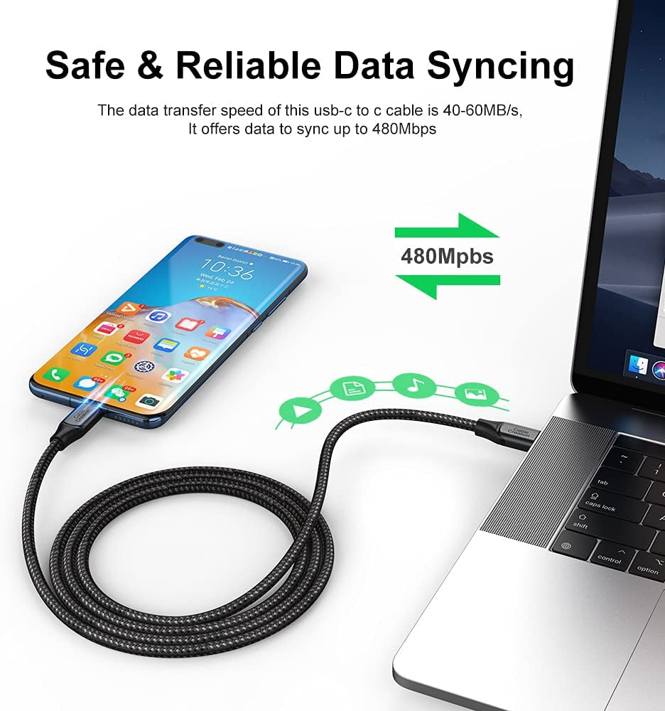 Durable USB C Cable 10 FT 100W 5A/20V,  USB C to C Cable, Braided Type C Fast Charging Cable 480Mbps Data for Macbook Pro Ipad Air XPS Galaxy S22 Ultra and Other USB-C Devices 3M Gray