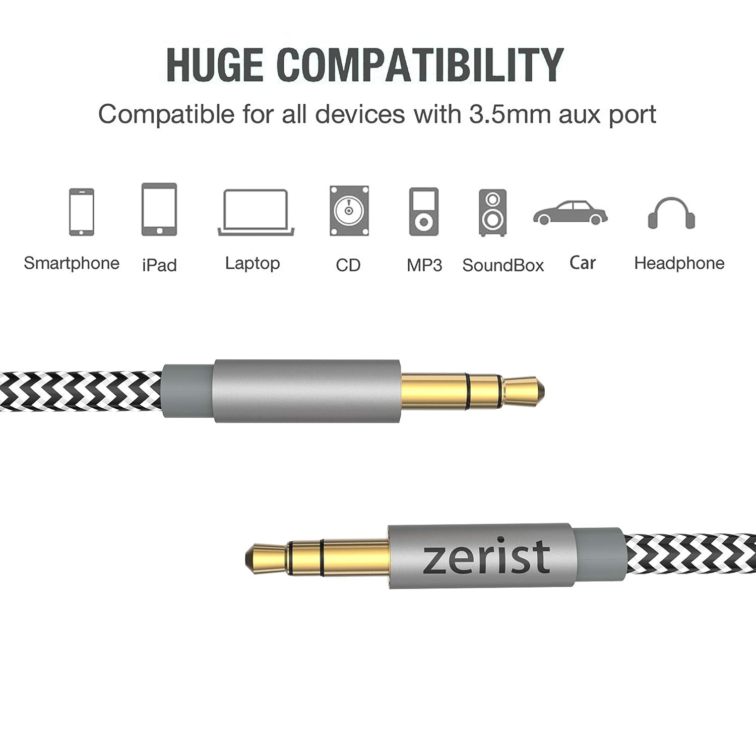 2 Pack 3.5Mm Stereo Audio Cable Extension Male to Male Nylon Braided 10Ft/3M  Tangle-Free AUX Cable for Headphones, Ipods, Iphones, Ipads, Home/Car Stereos and More (Black)